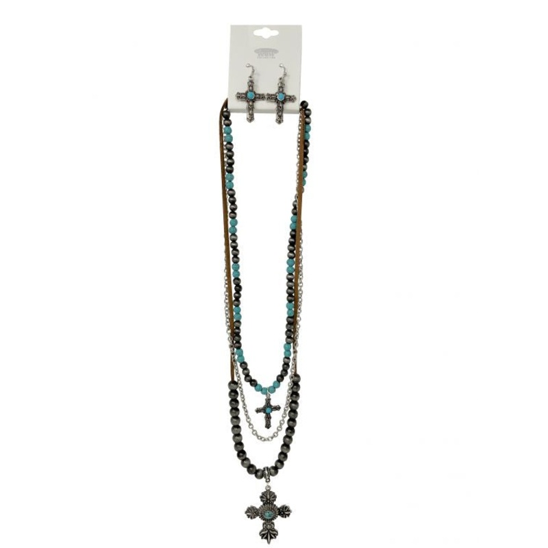 Turquoise cross earring and beaded necklace set