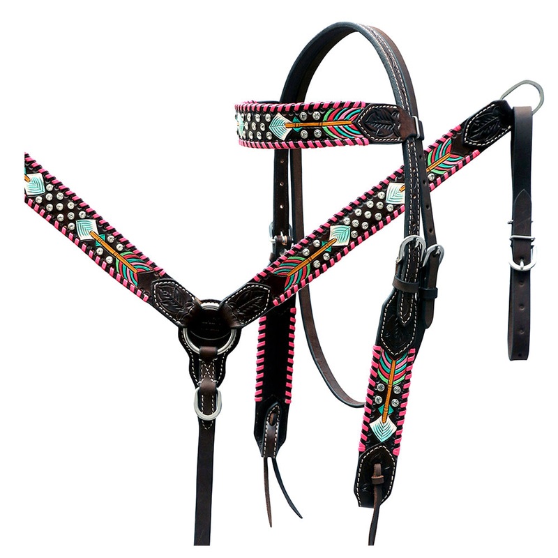 HILASON Floral Painted Beaded American Leather Horse Headstall Breast Collar