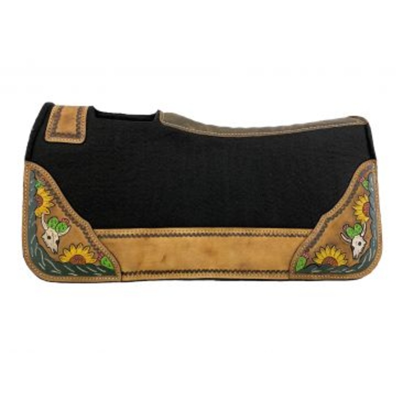 #4924: Showman Pony 24″ x 24″ Black felt 1 saddle pad with distressed brown leather feat