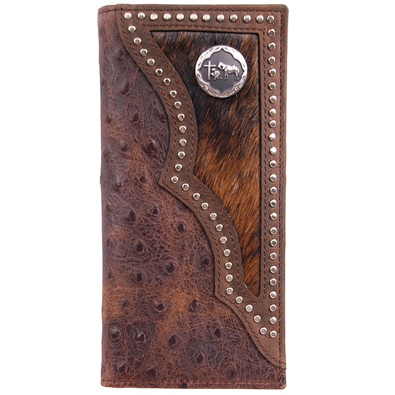 7 1/4″ X 3 1/2″ 3D Brown Western Ostrich Print Rodeo Wallet W/ Hair On Inlay