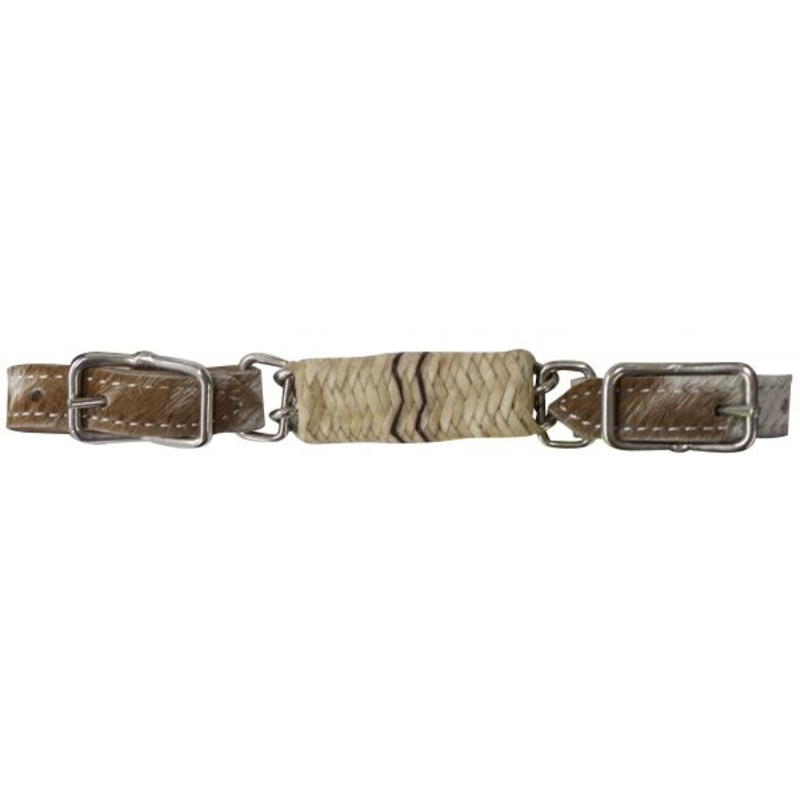 #7099: Curb strap with hair on cowhide ends with rawhide braided covered chain