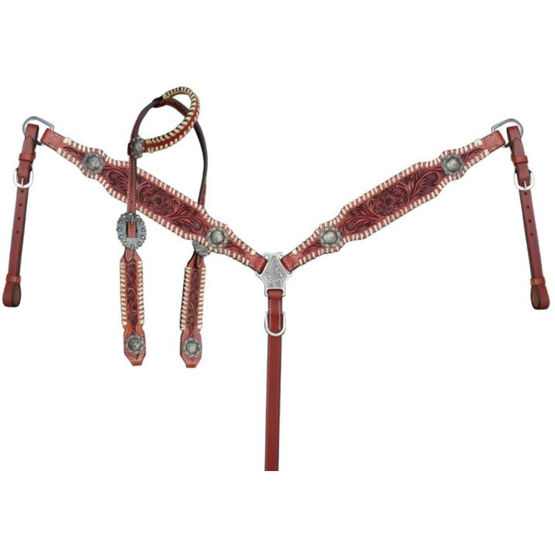 #14309: Showman  One Ear Headstall and breast collar set with floral tooling and barrel racer conc