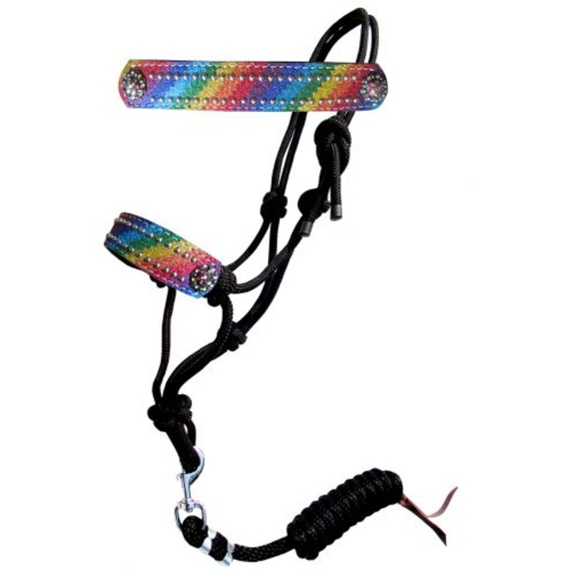 #16514: Showman Black nylon rope halter with rainbow glitter overlay leather noseband and rhinest