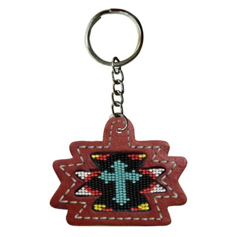 #28533: Showman  Leather Aztec key chain with multi colored beaded cross inlay