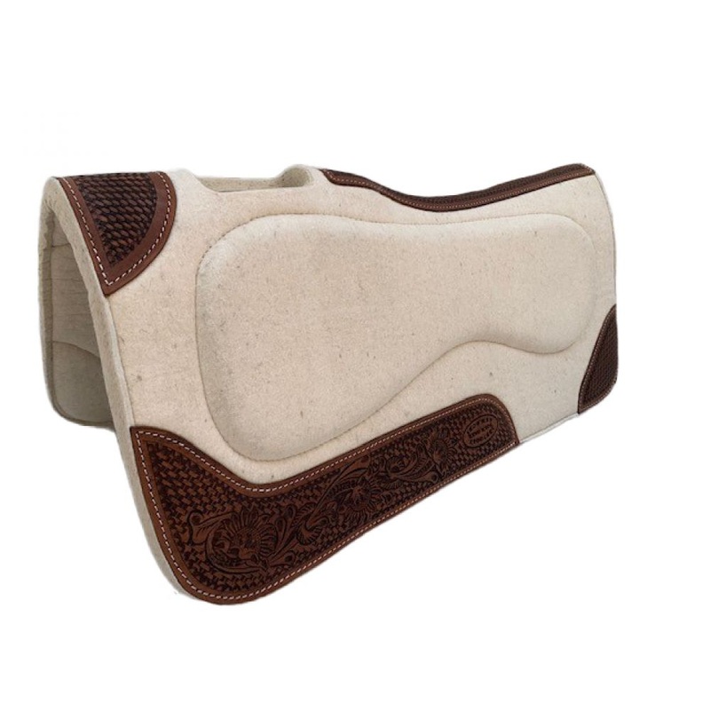 Klassy Cowgirl 1″ Thick Wool Pad with tooled leather accents – cream