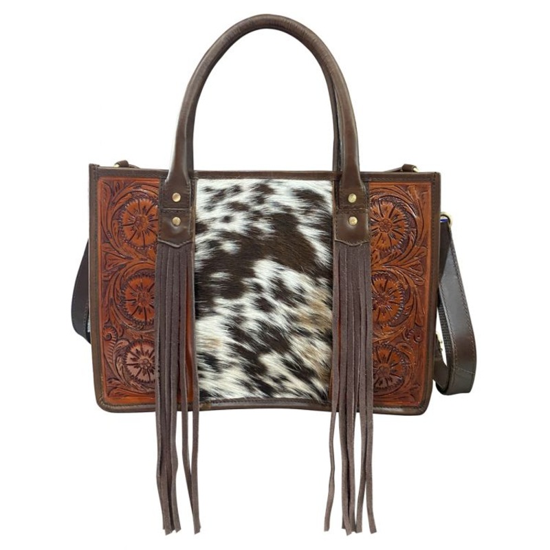 Klassy Cowgirl Hair on Cowhide leather Tote Bag with Fringe