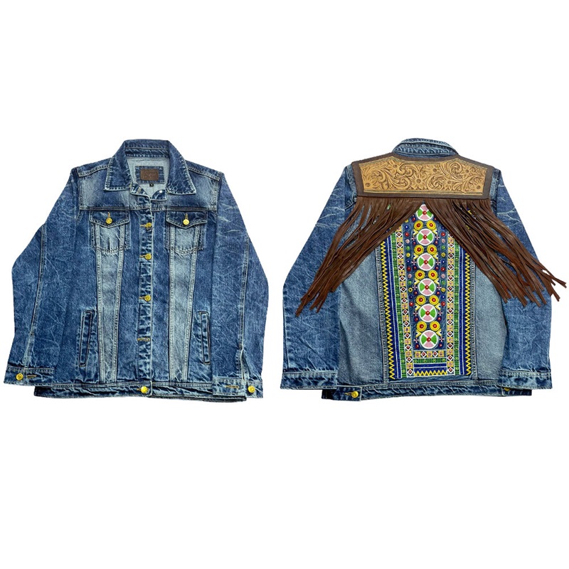 ADJKT612 Genuine leather Hand tooled hand carved Women 100% cotton Denim jacket  dress ladies girl