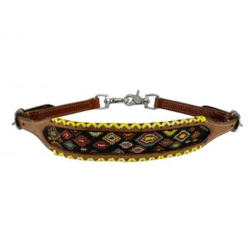 #WS-41: Showman  Yellow Braided wither strap with Multi Color beaded center
