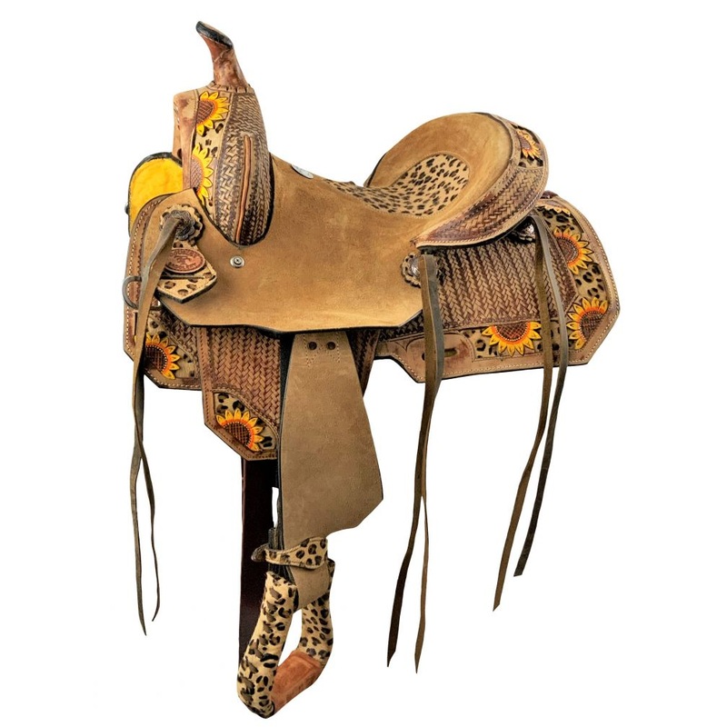 12 Double T Youth Hard Seat Barrel style saddle with Cheetah Seat and sunflower painted accents
