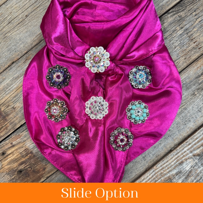 35X35″ Solid Fuchsia Wild Rag / Scarf WRS12 – Crystal Concho Wild Rag Slides – Assorted