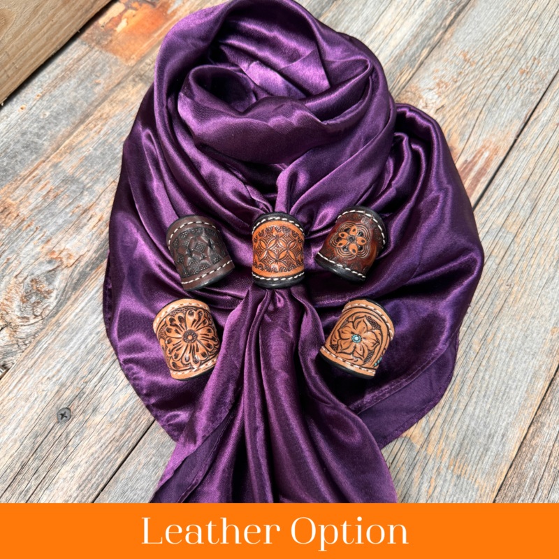 35X35″ Solid Plum Wild Rag / Scarf WRS 21- Tooled Leather Wild Rag Slides – Assorted