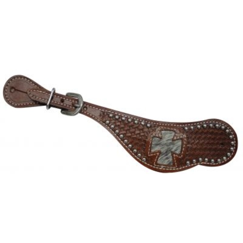 #4927: Showman ladies spur strap with hair on cowhide inlay cross design