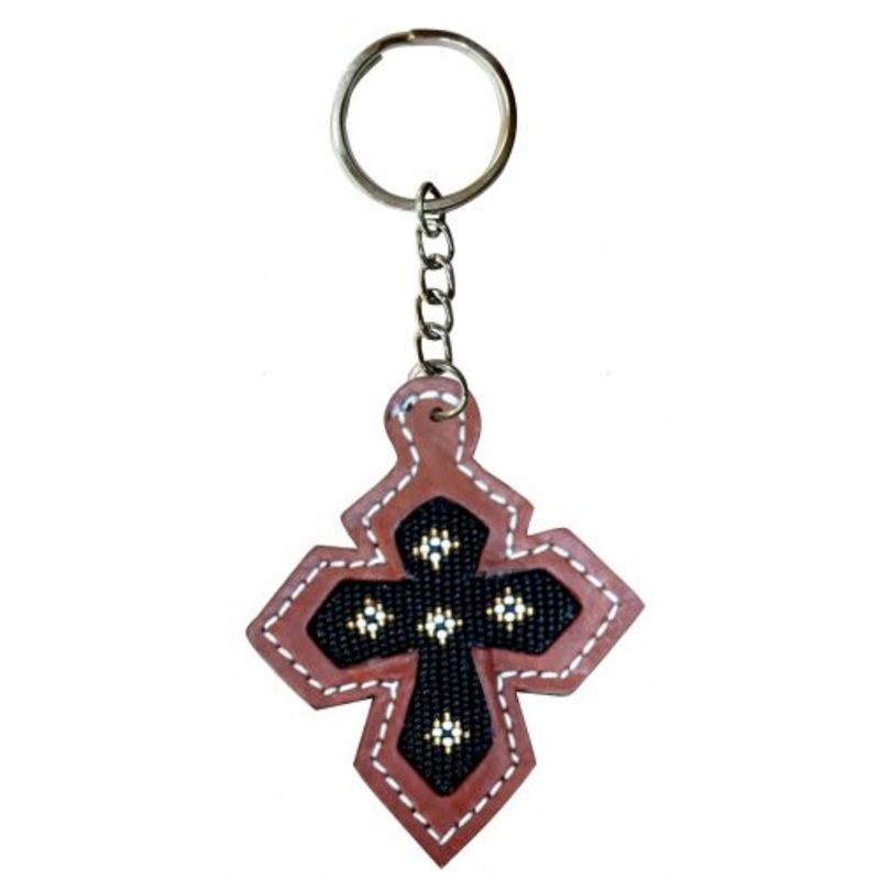#28534: Showman  Leather cross key chain with black beaded inlay