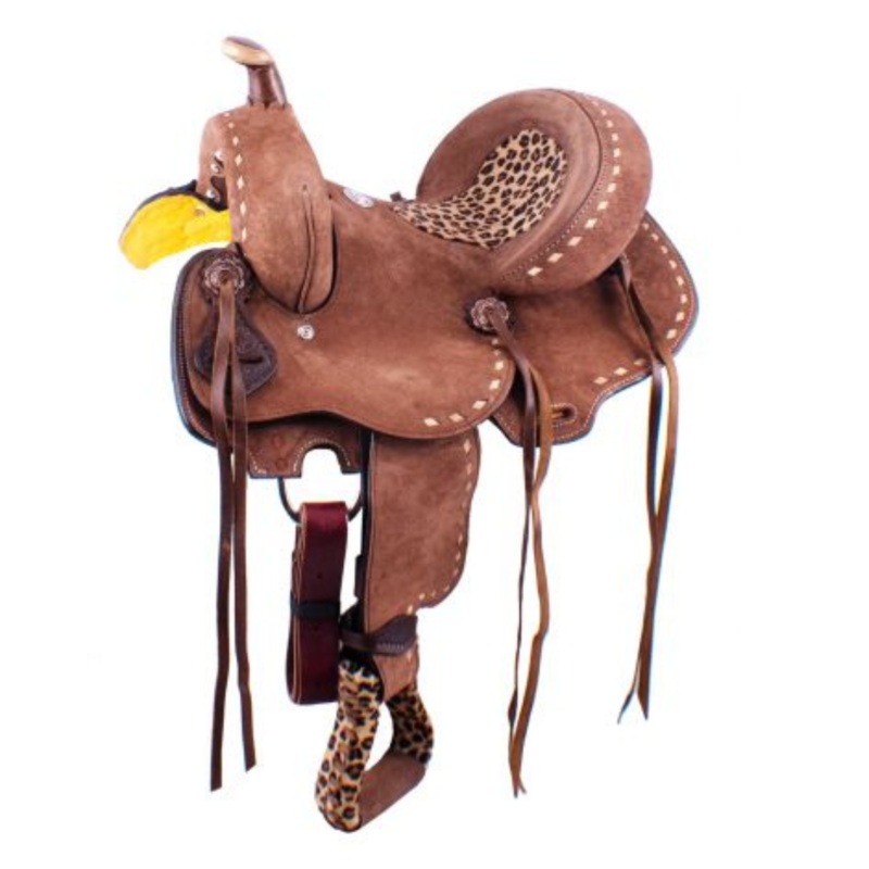 12″ DOUBLE T YOUTH HARD SEAT BARREL SADDLE WITH CHEETAH SEAT