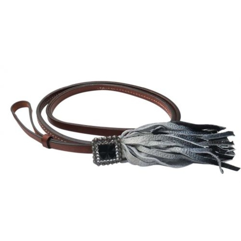 #19421: Showman 4ft x 1/2″ Leather over & under whip with black ombre fringe and rhinestone concho