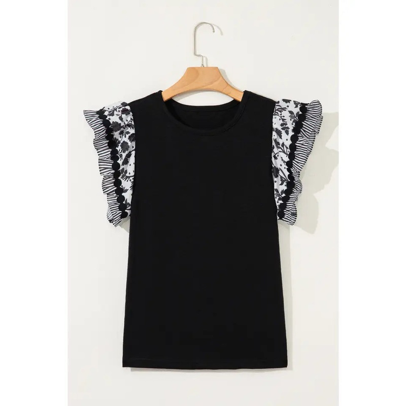 Beverly | Pattern Trim Flutter Sleeve Patchwork Blouse