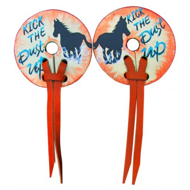 #176708: Distressed Running Horse leather bit guards with ” Kick the Dust Up”