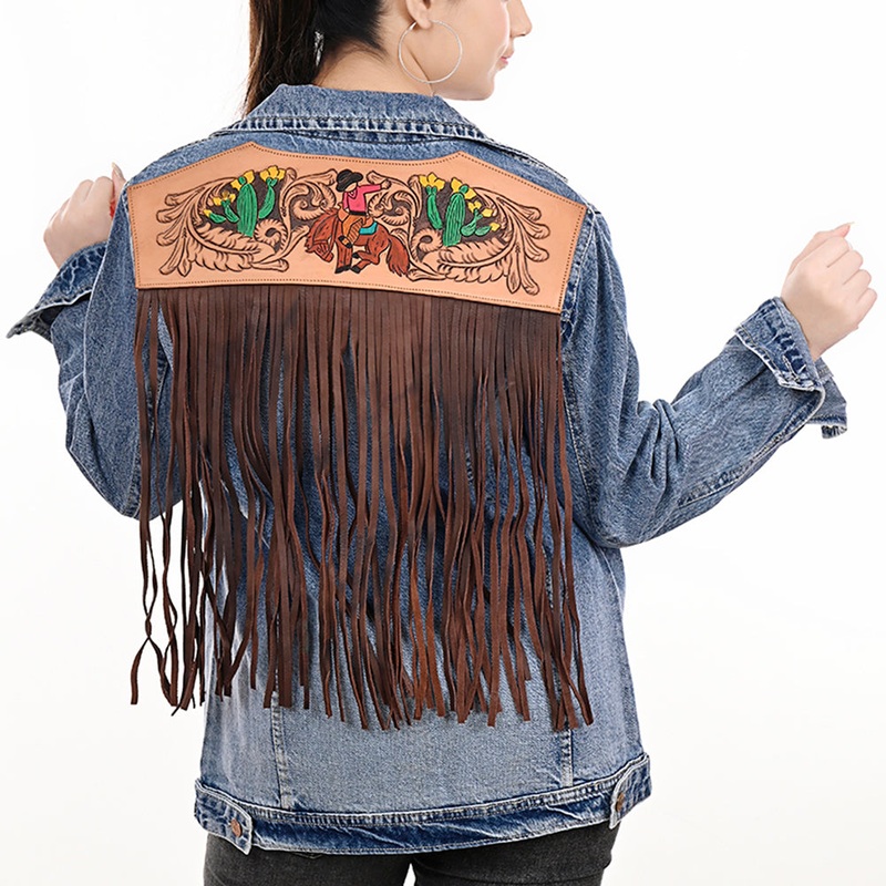 ADJKT001 Genuine leather Hand tooled hand carved Women 100% cotton Denim jacket  dress ladies girl