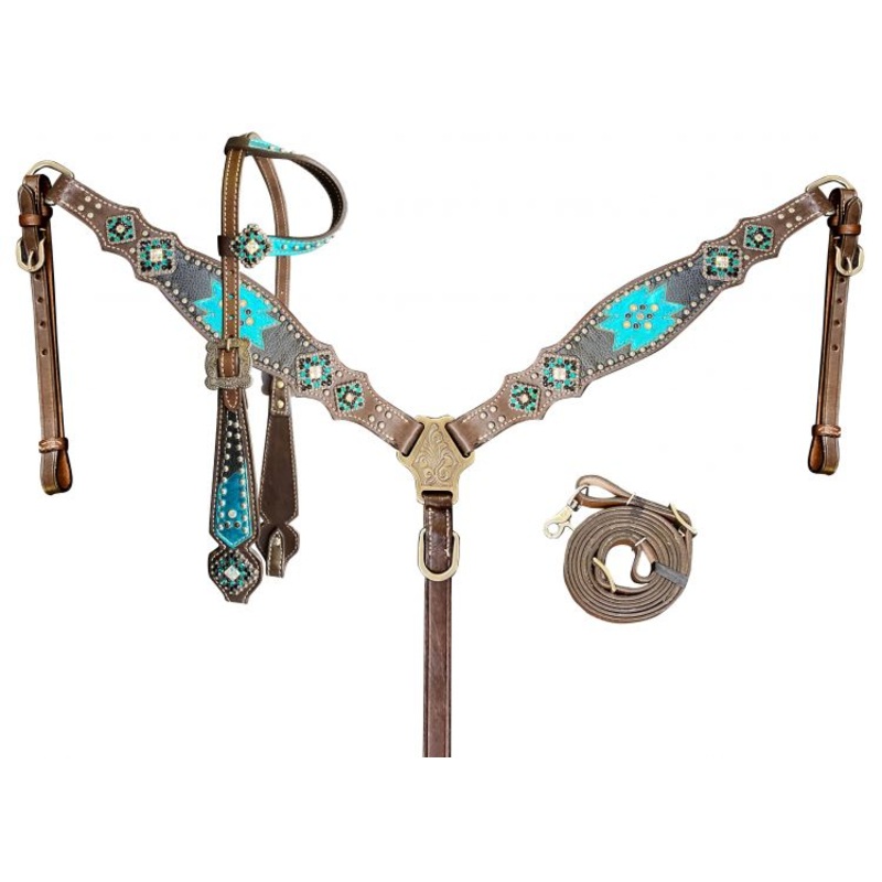 Showman  One Ear headstall and breast collar set with bling conchos and a teal southwest inlay accent