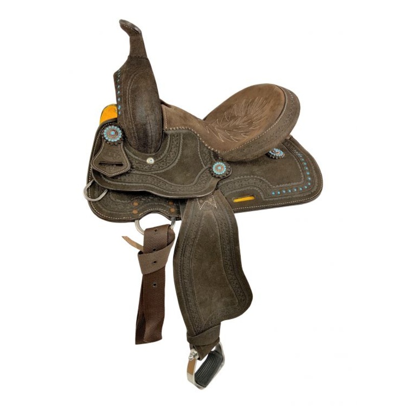 12″ Barrel Style Saddle With Oiled Rough Out Leather Teal Buckstitch-FREE SHIPPING