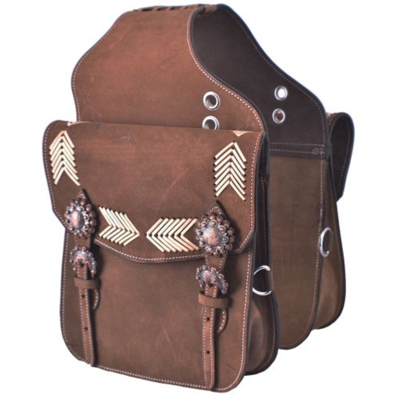 #SB-66: Showman  Brown Roughout Leather saddle bag with rawhide arrow inlays