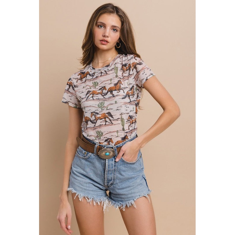 Western Horse Stables Print Mesh Casual Tee