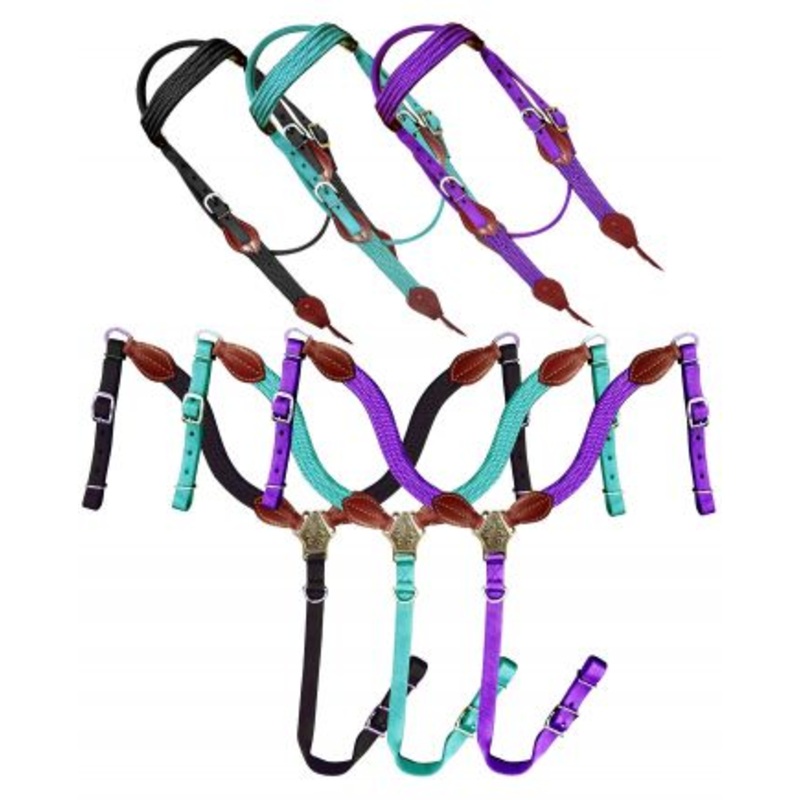 #14336: Showman  Nylon Brow Band Headstall and Breast collar set with leather accents