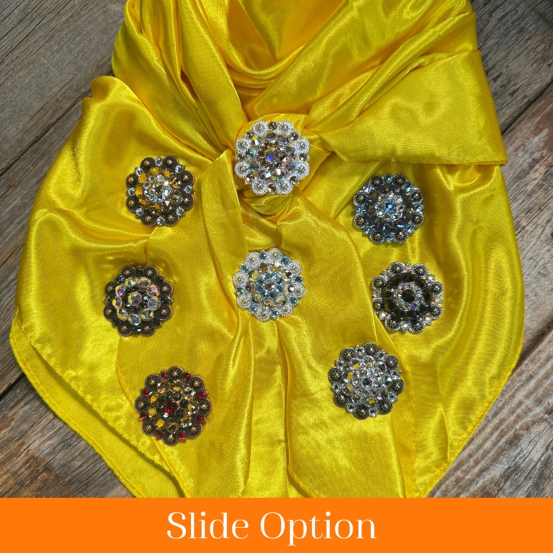 35X35″ Solid Yellow Wild Rag / Scarf WRS23 – Crystal Concho Wild Rag Slides – Assorted