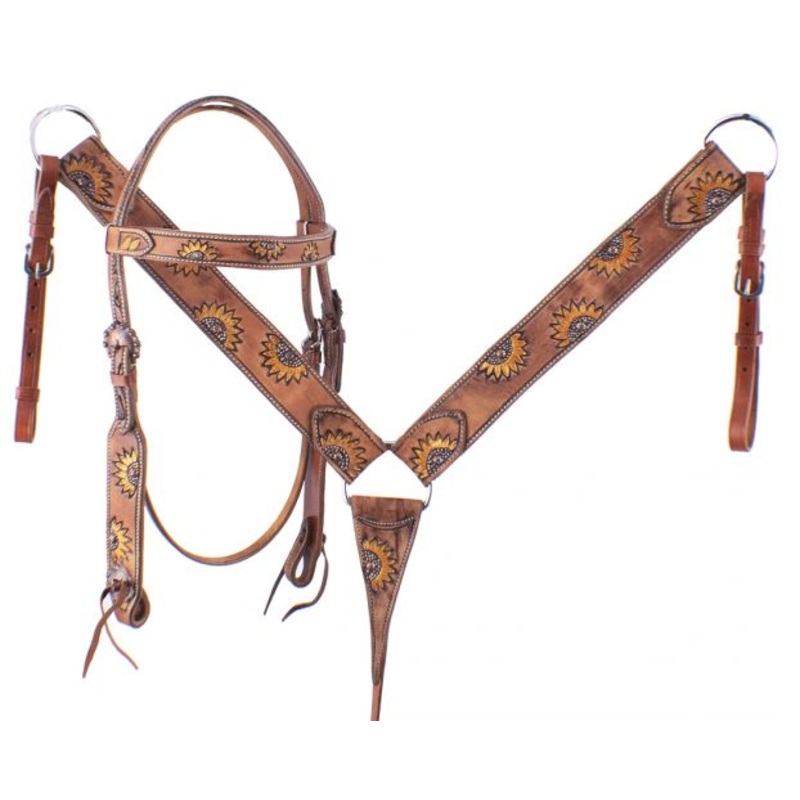 #7062: Showman  Hand Painted Sunflower Browband Headstall and Breast collar Set