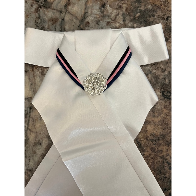 Cadenza Stock Tie ~ White Pleated Center/ Black  Pink Navy “V” piping