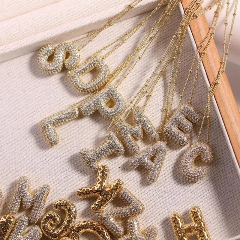 Jeweled Cz Bubble Letter Initial Necklace- GOLD