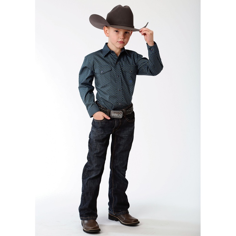 Roper Boys Performance Print Western Shirt – Blue Pyramid Geo