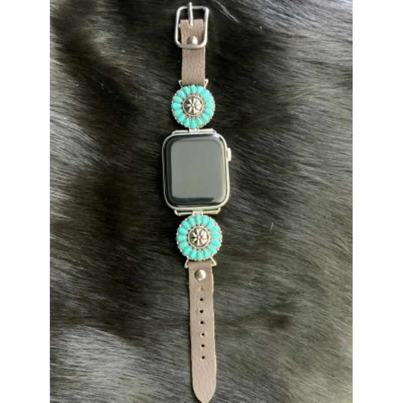 #WB1535ADBRN: Brown leather Apple Watch Band w/ Turquoise accents