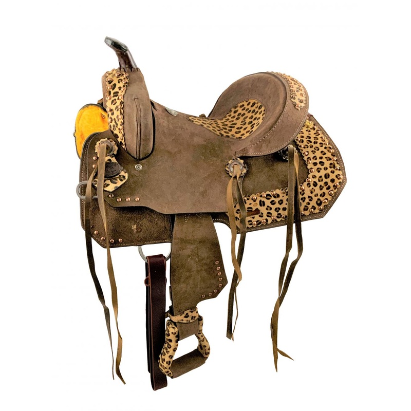 10″Double T Youth Hard Seat Barrel Saddle with Cheetah Seat