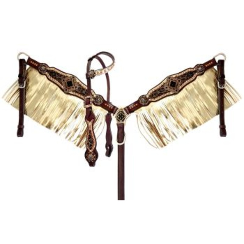 #14376: Showman  Cheetah print one ear headstall and breast collar set with gold metallic fringe