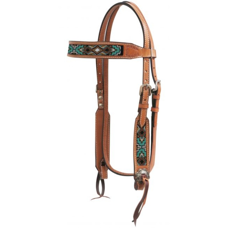 #13742: Showman  Medium chocolate Argentina cow leather headstall with beaded inlays