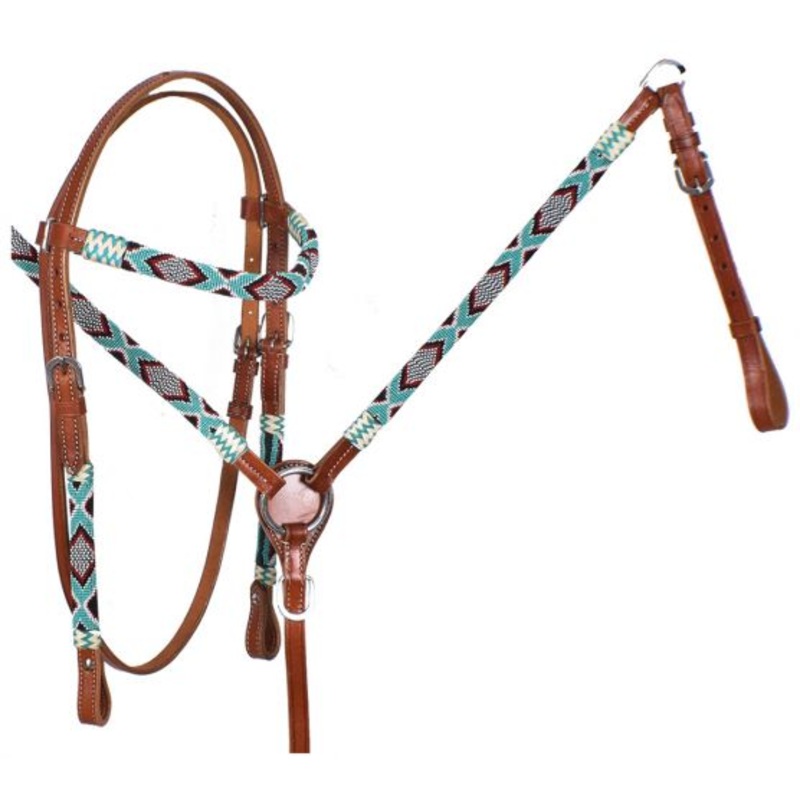 #7044: Showman Turquoise and Red Beaded headstall and breast collar set