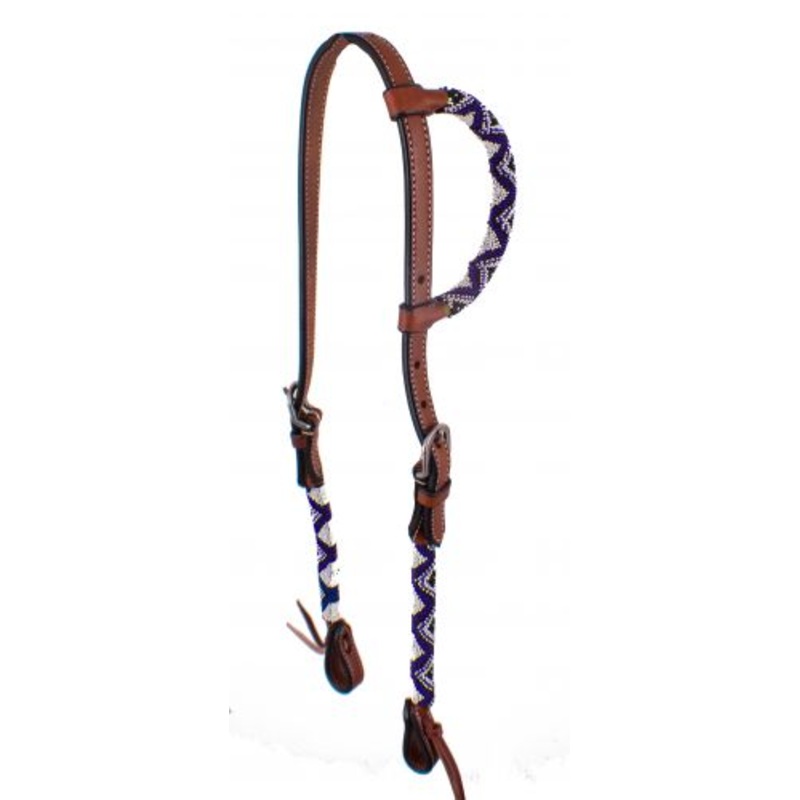 #AJ-644: Showman  Blue Beaded one ear Argentina Cowhide Leather headstall