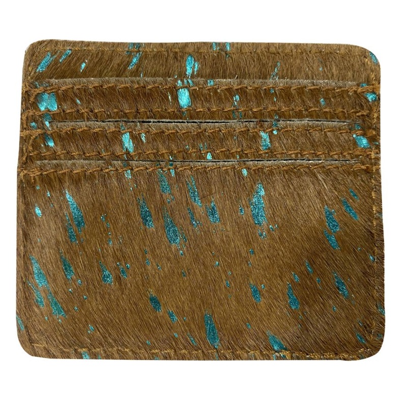 Brown and Teal Acid Wash Hair on Cowhide Slim Card Wallet