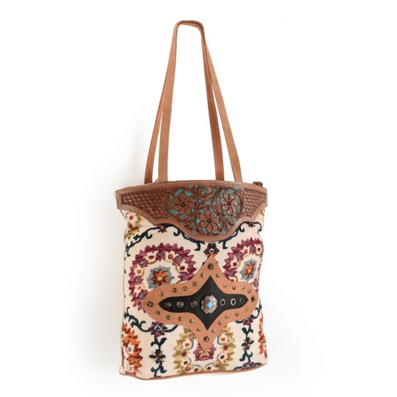 Klassy Cowgirl 12″ x 10″ Canvas Tote Handbag with Leather tooling