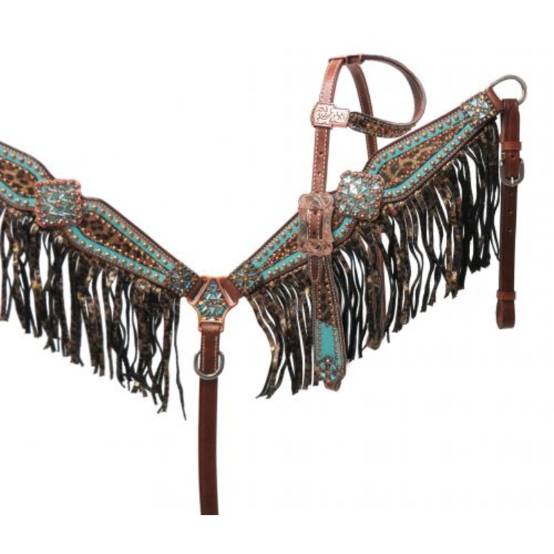 #13265: Showman Bejeweled metallic leopard print headstall and breast collar set