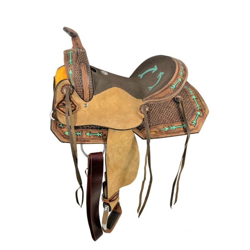 15 Double T Youth Hard Seat Western saddle with teal arrow Accents