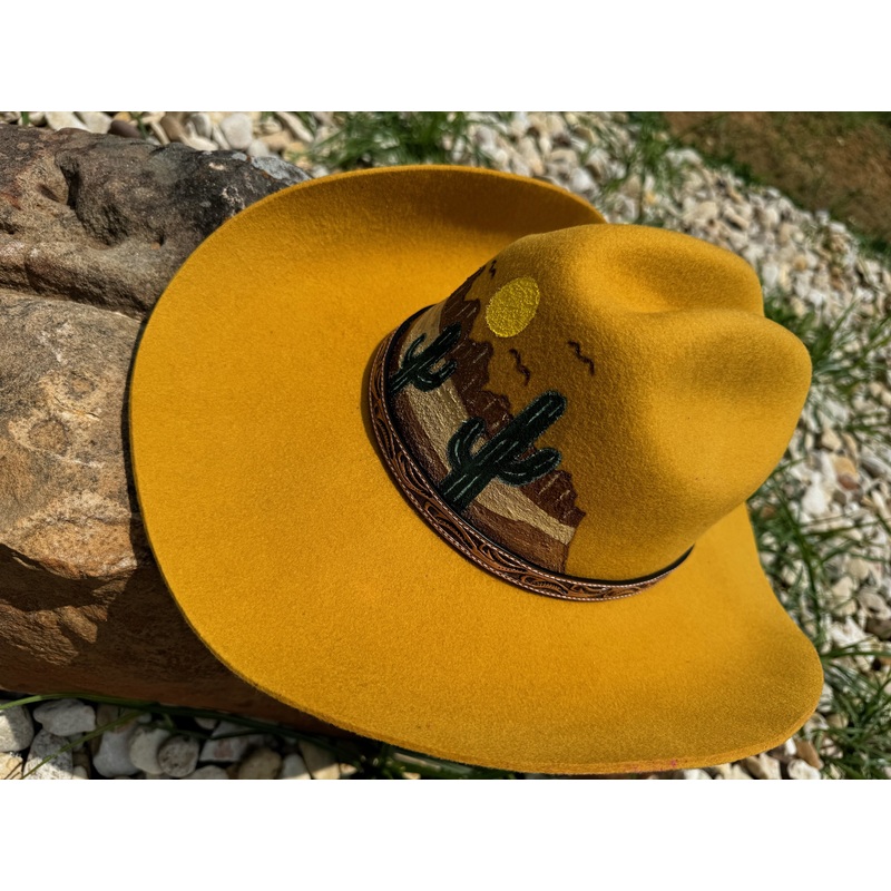 Mustard Hat Hand Painted Cactus Desert