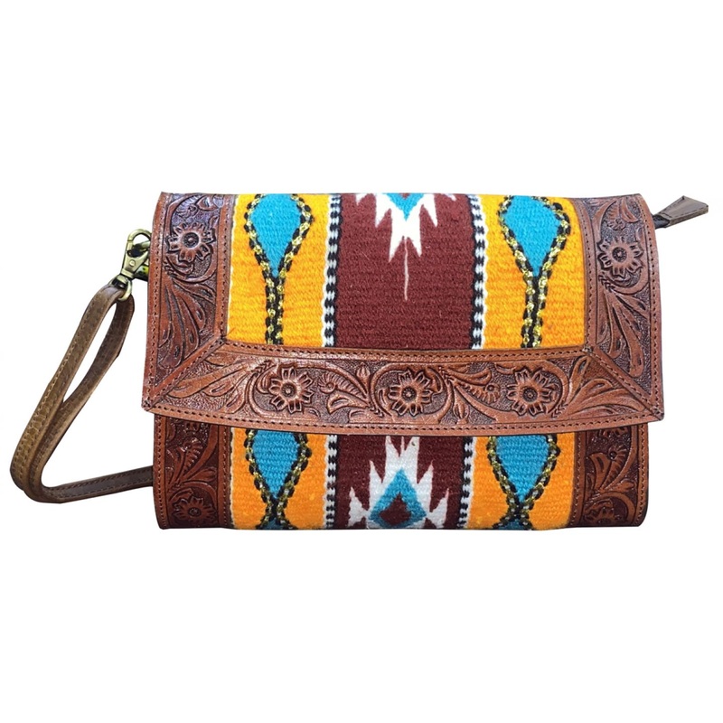 Klassy Cowgirl Tooled Leather and Wool Saddle Blanket Purse – yellow and red