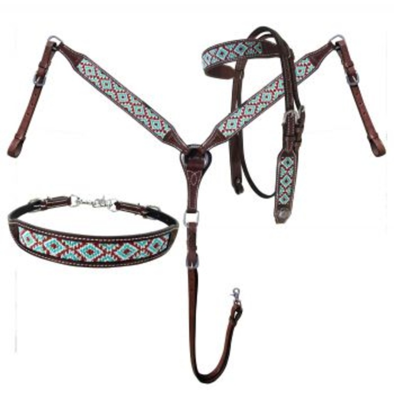 #14267: Showman  Beaded Southwest Design 3 Piece Headstall and Breastcollar Set
