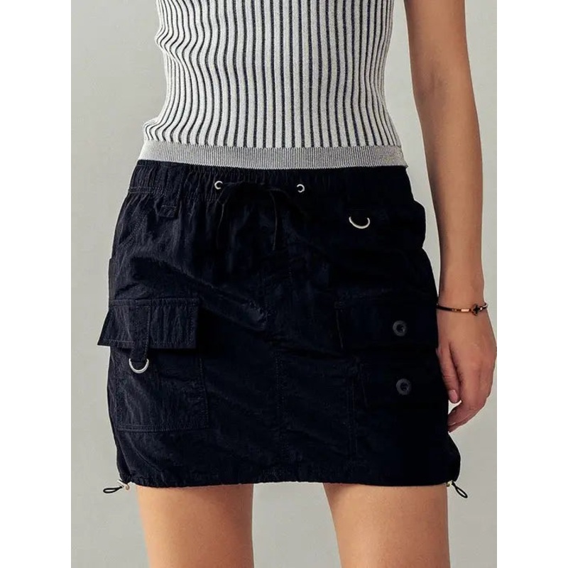 Black Drawstring Front Pocket Mini Skirt