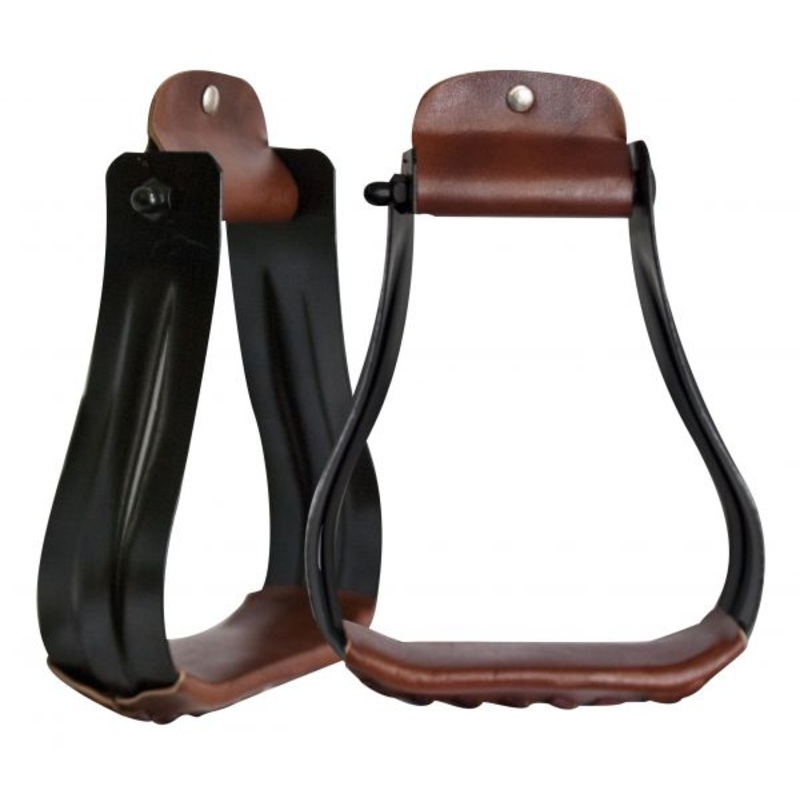 #175670: Showman Black steel western stirrups with leather tread