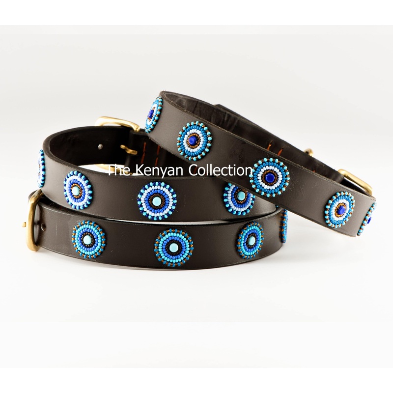 “Blue/Brown Circles” Beaded Dog Collar