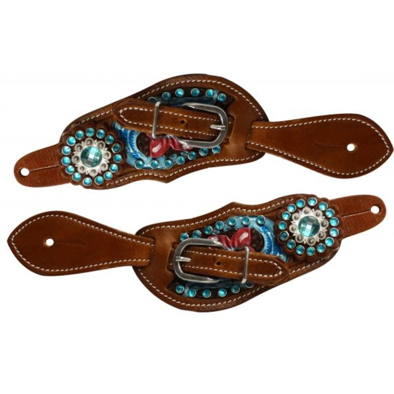 #9090-Y: Showman Youth size floral tooled spur straps with metallic paint and aqua crystals