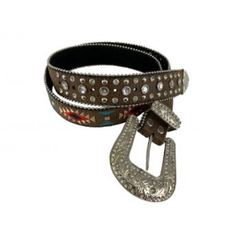 #BE1649: P&G Ladies Aztec embroidered belt w/ Bling Accent, belt features a Aztec embroidered patte